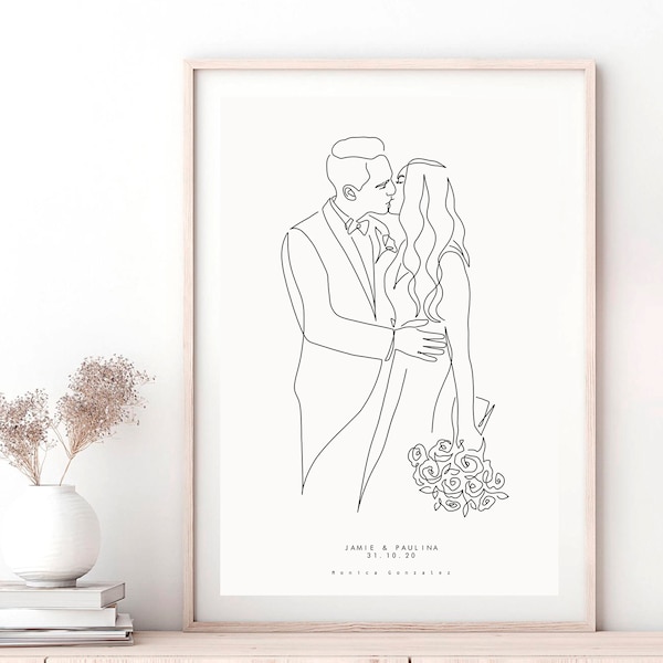 CUSTOM WEDDING couple ILLUSTRATION, Wedding gifts to couple, Couple drawing, One year wedding anniversary, Best friend wedding gift to bride