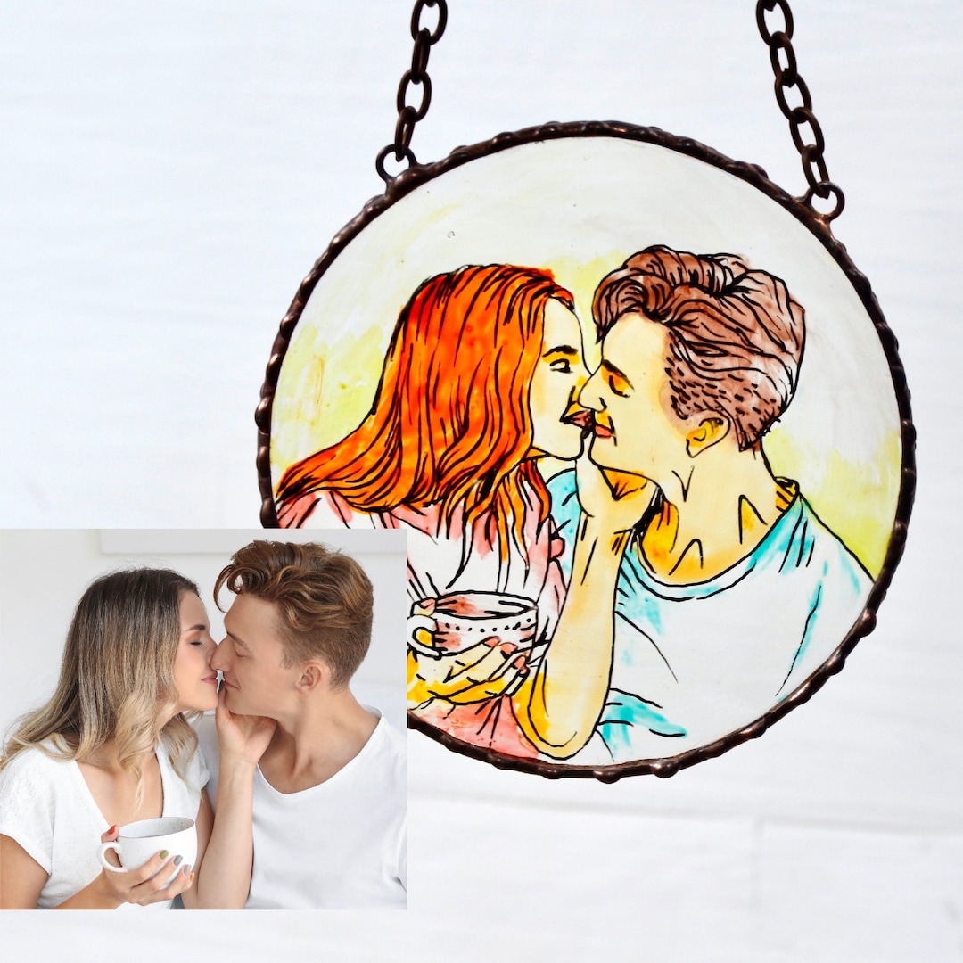 Custom Couple Portrait Stained Glass Suncatcher Engagement - Etsy Australia