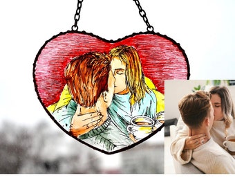 Acchiappasole a forma di cuore in vetro colorato con ritratto di coppia personalizzato