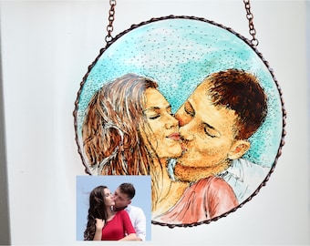 Custom couple portrait stained glass suncatcher  Engagement ornament Handpainted couple window hangings decor