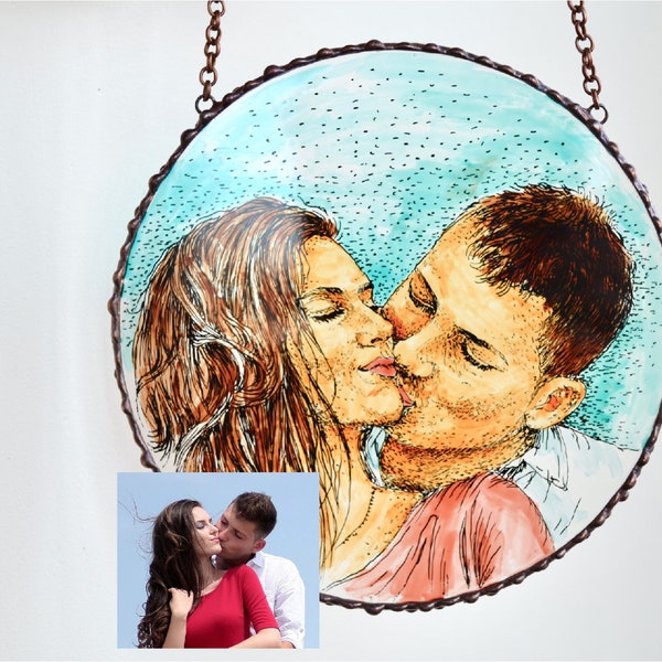 Retrato de pareja personalizado vidrieras suncatcher Adorno de compromiso Decoración de colgantes de ventana de pareja pintada a mano