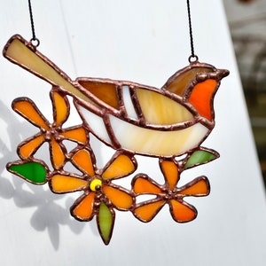 Redstart bird suncatcher Bird stained glass window hangings Gift for housewarming