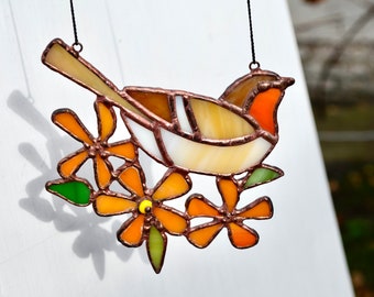 Redstart bird suncatcher Bird stained glass window hangings Gift for housewarming