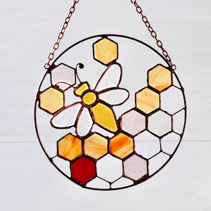 Bee stained glass suncatcher  Bumblebee window hangings Honeycomb stained glass suncatcher