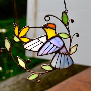 Blue Hummingbird stained glass suncatcher Bird window decoration Best friends gift