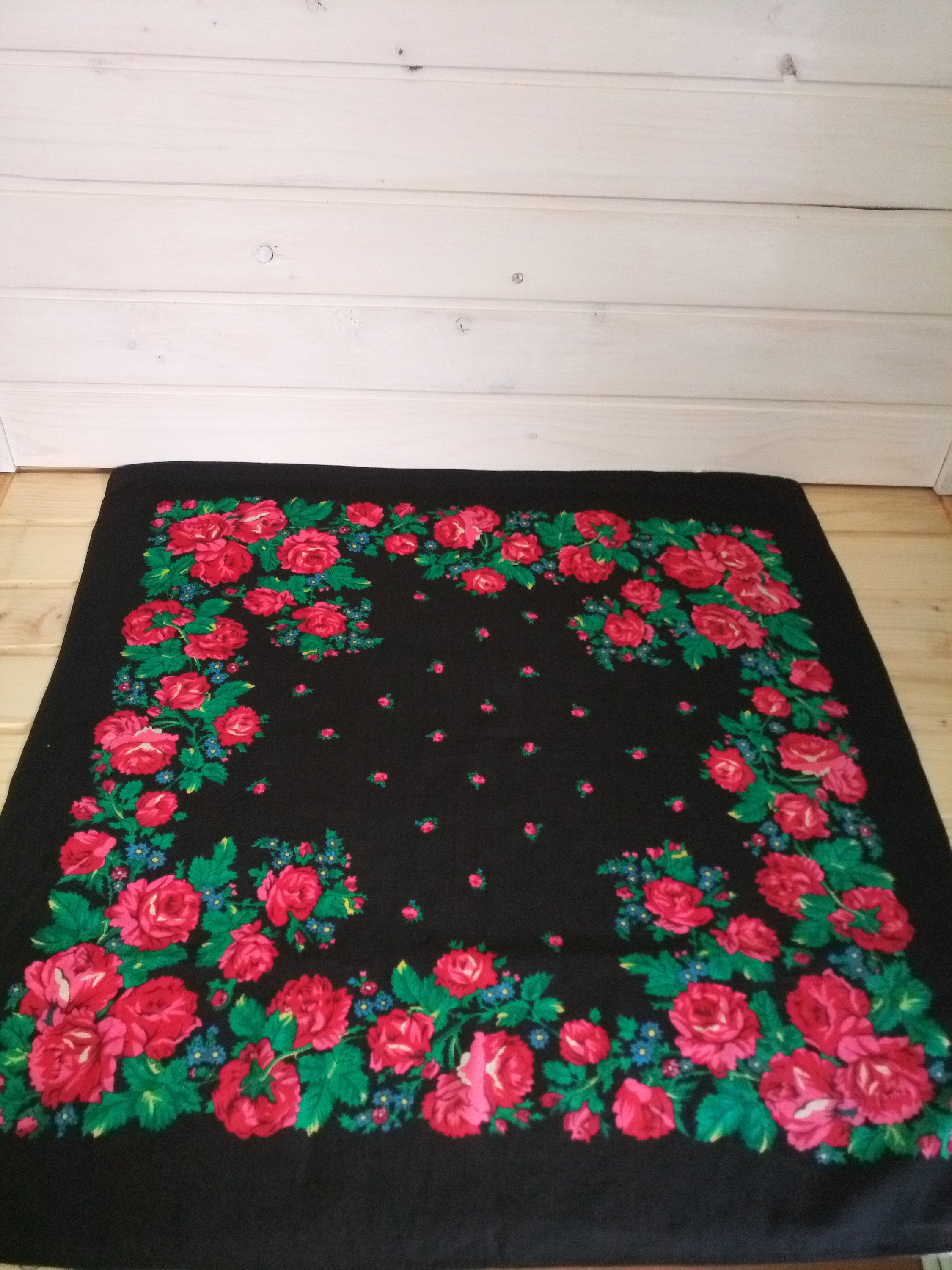 Floral Black Wool roses Shawl 28.5 28.5 Inch. sister gift | Etsy