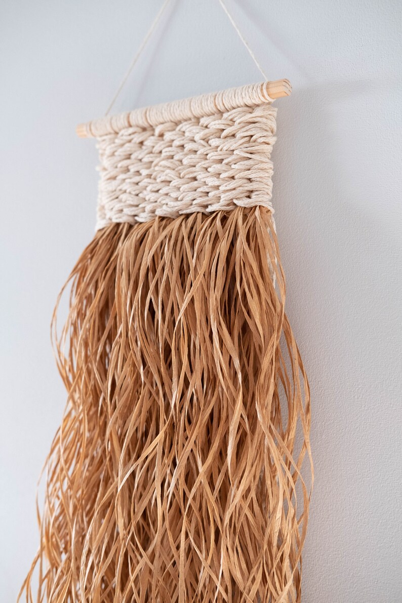 Handmade raffia wall hanging on a wooden dowel Boho decor Etsy
