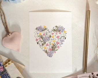 Heart blue flowers, postcard / wall decoration illustrated from a watercolor