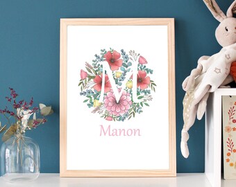Personalized birth poster for children&#39;s room, from a watercolor