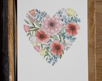 Cœur fleuri, carte postale / décoration murale illustrée à partir d'une aquarelle