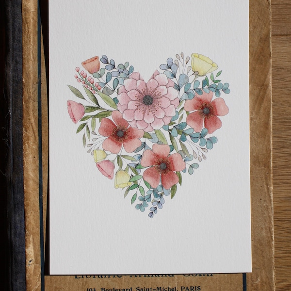 Cœur fleuri, carte postale / décoration murale illustrée à partir d'une aquarelle