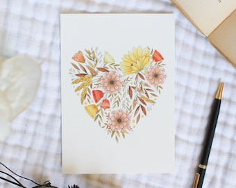 Cœur d'automne, carte postale / décoration murale illustrée à partir d'une aquarelle