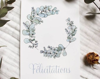 Congratulations, Eucalyptus Wreath, Illustrated Postcard from Watercolor