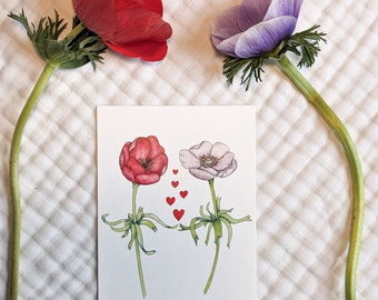 Fleurs amoureuses, carte postale / décoration murale illustrée à partir d'une aquarelle