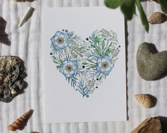 Cuore blu, cartolina/decorazione murale illustrata da un acquerello