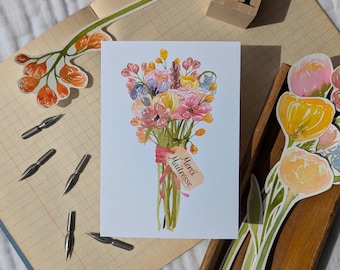 Merci maîtresse/ATSEM, carte postale illustrée à partir d'une aquarelle
