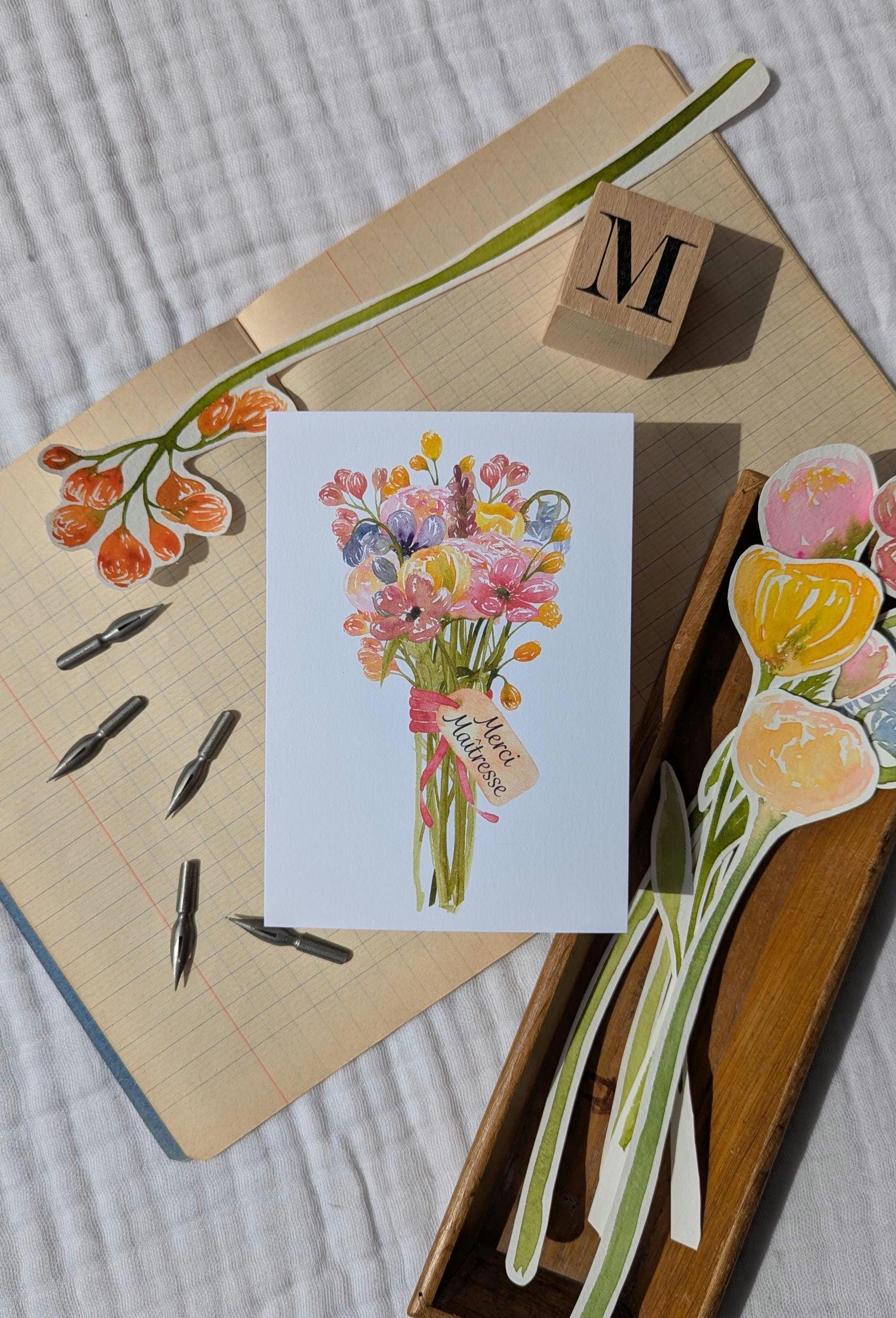 Thank you teacher/ATSEM, postcard illustrated from a watercolor