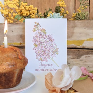 Joyeux anniversaire, fleur de lilas, carte postale illustrée à partir d'une aquarelle