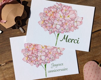 Joyeux anniversaire/ Merci, fleur d'hortensia, carte postale illustrée à partir d'une aquarelle