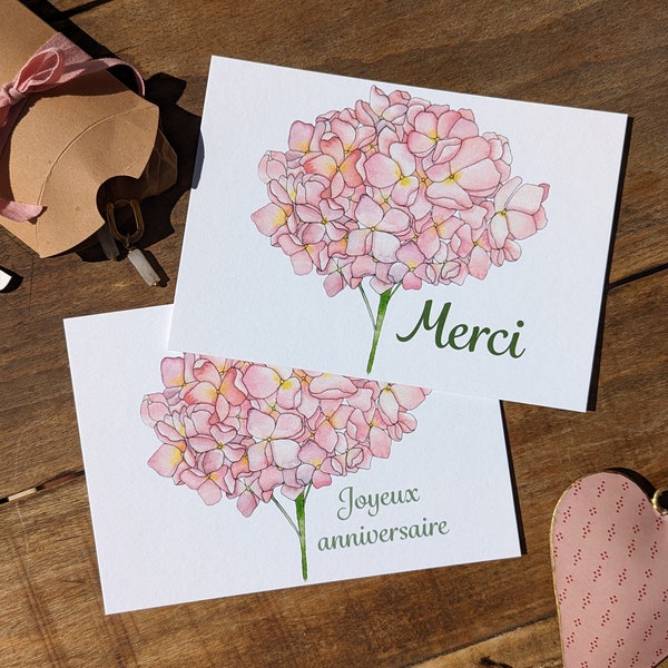 Joyeux anniversaire/ Merci, fleur d'hortensia, carte postale illustrée à partir d'une aquarelle