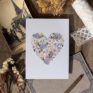 Cœur fleurs bleues, carte postale / décoration murale illustrée à partir d'une aquarelle