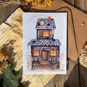 Maison hantée, carte postale / décoration murale illustrée à partir d'une aquarelle
