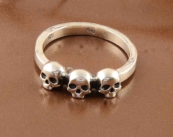 Triple Skull Sterling Silver Ring: Memento Mori Gothic Jewelry