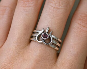 Trishul Sterling Silver Ruby Ring, Triple Band Flame Design Ring, Gothic Boho Statement Jewelry, Handmade Gift for Her, Unique Artisan Ring