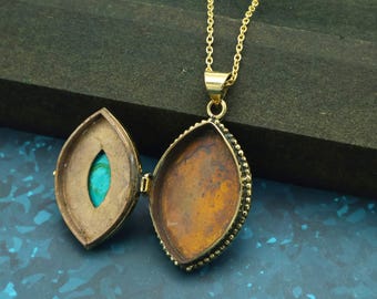 Turquoise Poison Box Locket Necklace | Vintage Style Gold Secret Compartment Pendant | Ornate Antique Inspired Statement Jewelry