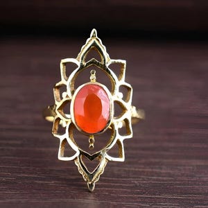 Bohemian Gold Ring with Orange Carnelian, Statement Filigree Jewelry, Handmade Vintage Style, Unique Gift for Her, Spiritual Gemstone Ring