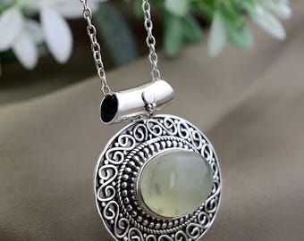 Green Prehnite Brass Pendant Necklace: Boho Chic Gemstone Jewelry