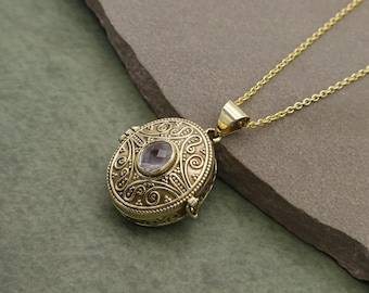 Vintage Gold Poison Box Locket Necklace | Ornate Secret Compartment Pendant with Crystal Stone | Antique Inspired Keepsake Jewelry