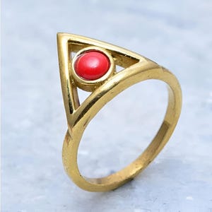 Geometric Gold Triangle Ring, Red Stone Modern Minimalist Jewelry, Handmade Boho Ring, Unique Adjustable Gift for Her