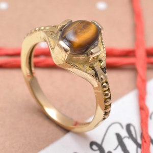 Round cocktail tiger eye gemstone brass ring , Girl & women&#39;s ring , Delicate stack ring , Gift for leo , Gift for mom , Birthday gift