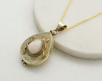 Gold Teardrop Poison Box Locket Necklace | White Stone Secret Compartment Pendant | Vintage Inspired Keepsake Jewelry