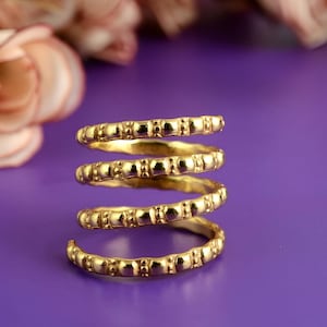 Gold Spiral Ring, Bamboo Textured Wrap Ring, Adjustable Statement Ring, Bold Boho Jewelry, Handmade Gift for Her, Open Band Ring