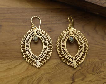 Vintage Gold Filigree Oval Drop Earrings | Boho Statement Dangle Earrings with Dark Stone Accent | Antique Style Jewelry