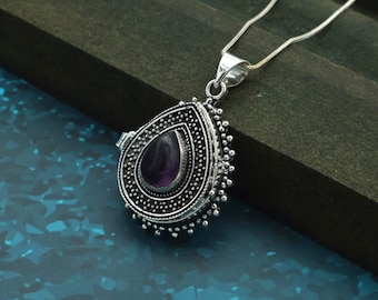 Gothic Silver Poison Box Locket Necklace | Teardrop Black Stone Secret Compartment Pendant | Vintage Inspired Statement Jewelry