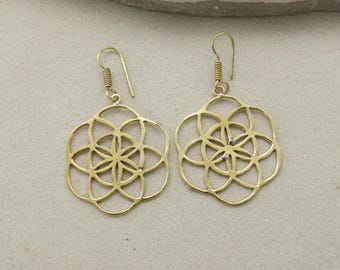 Gold Flower of Life Drop Earrings | Sacred Geometry Dangle Earrings | Minimalist Boho Statement Jewelry