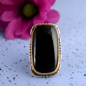 Vintage Black Onyx Ring, Bold Statement Jewelry, Gold Tone Adjustable Band, Classic Retro Style, Handmade Unique Gift for Her