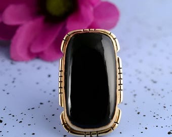 Vintage Black Onyx Ring, Bold Statement Jewelry, Gold Tone Adjustable Band, Classic Retro Style, Handmade Unique Gift for Her
