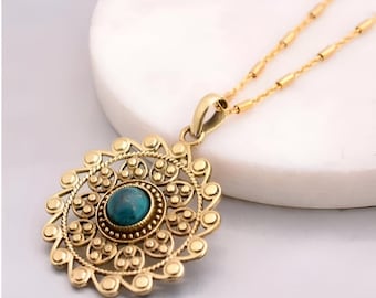 14K Solid Gold Flower of Life Pendant - Turqoise Flower Of Life Necklace - Round Flower of Life Necklace - Minimal Solid Gold Necklace