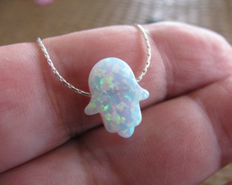 Opal hamsa necklace, silver hamsa necklace, hamsa hand necklace, lucky necklace, opal jewelry, white opal necklace