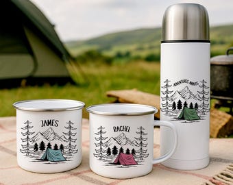 Personalised Mug and Flask Set for Campers – Adventure Travel Gift, Camping