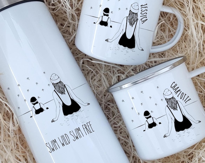 Personalised Wild Swimming Flask and Mug Set: Cold Water Swimmer Gift