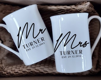 Mr and Mrs Mugs, 20th Anniversary, China Anniversary, Wedding Anniversary Keepsake, Personalised 20th Anniversary, Bone China Mug Set