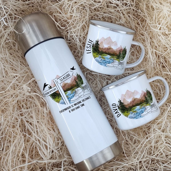 Walkers Mug and Flask Set, Trail Walking Gift, Personalised Hiking Flask, Personalised Walkers Mugs, Gift For Couple, Hikers Mugs, Walkers