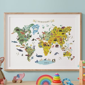 Personalised World Map Print, Nursery Wall Art, Nursery Poster, Wall Decor, Kids Animal Map, Childrens World Map