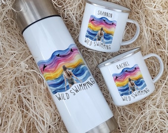 Personalised Wild Swimming Flask and Mug Set: Sea Swimming Gift