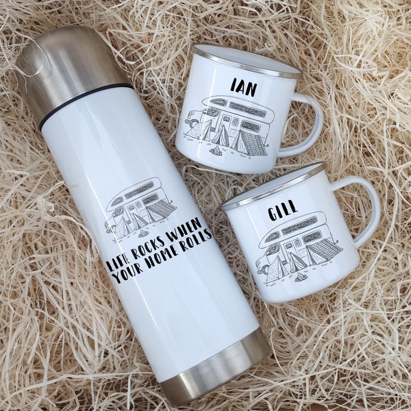 Motorhome Mug and Flask Set, Camper Mug Set, Campervan Gift, Flask, Caravan Gift, Personalised Camping Mugs, Campervan Personalised